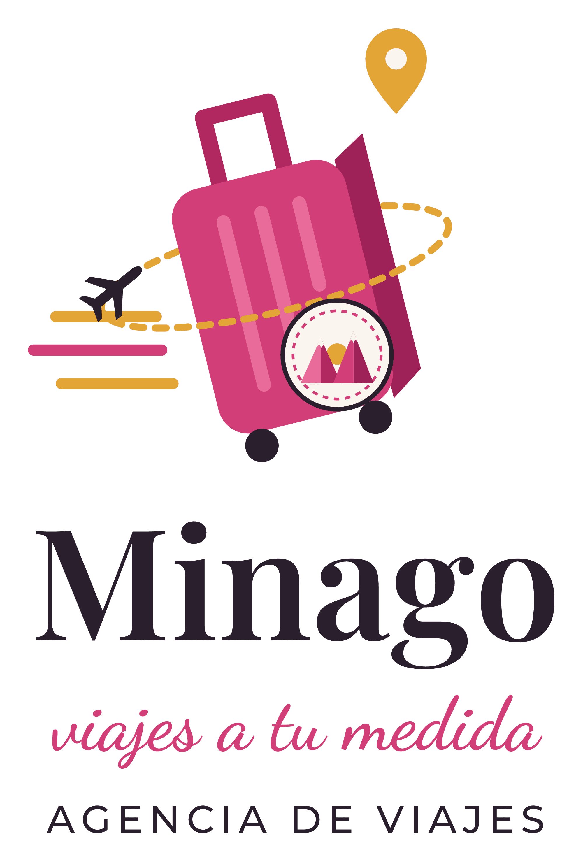 Logotipo vertical a color de MINAGO, con una maleta, una ruta y un pin de viaje.